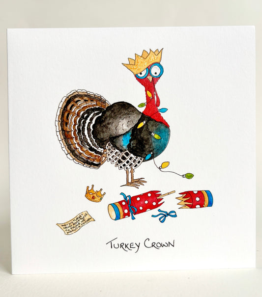 Funny Animal Charity Christmas Cards Pack - Turkey Crown with Christmas Cracker - Original Watercolour