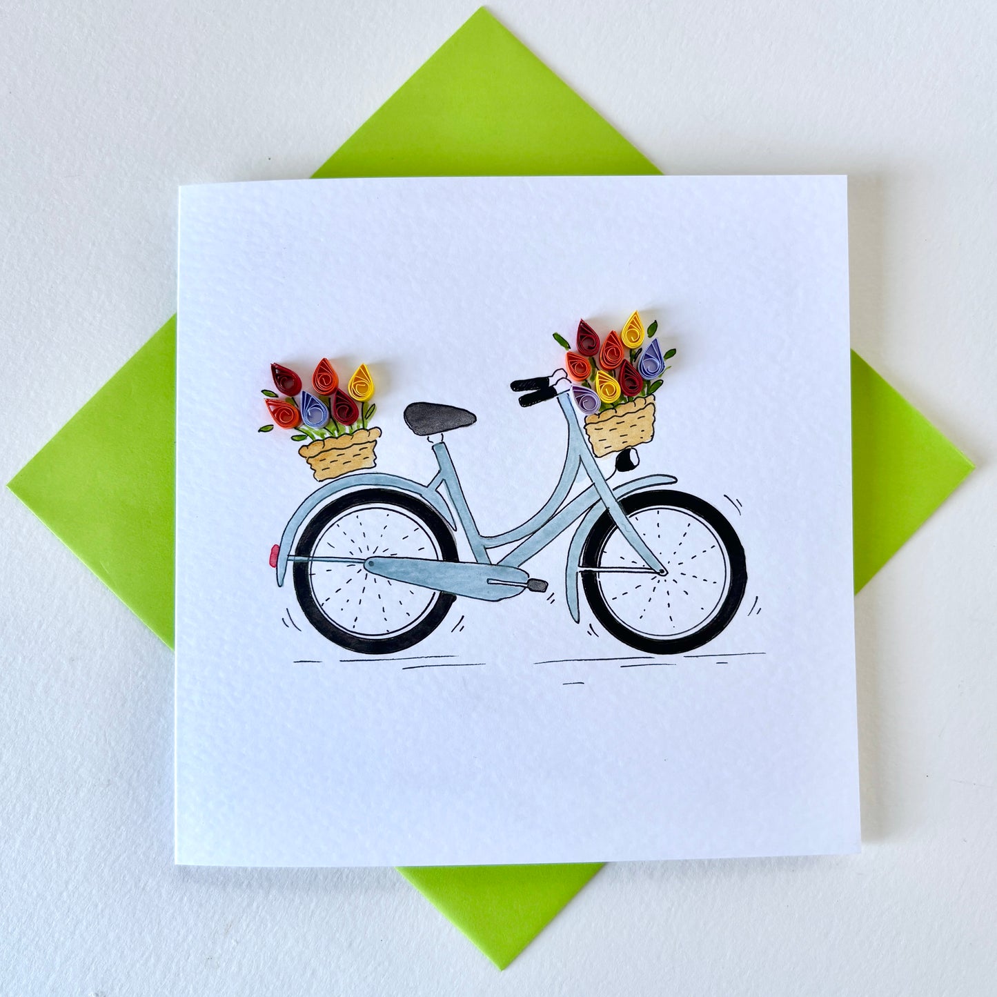 Hand Painted Bicycle Card with Quilled 3D Paper Tulips