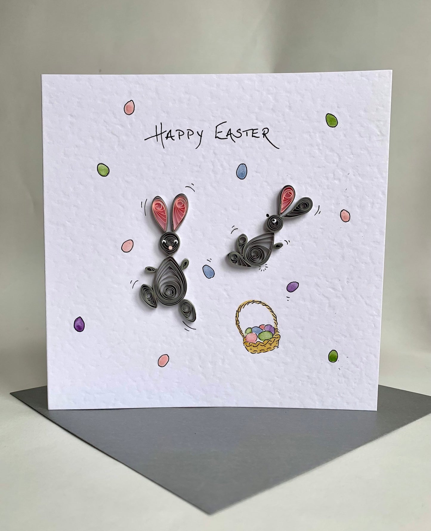 Handmade Quilled Bunny Easter Card - 3D Bunnies and Easter Eggs