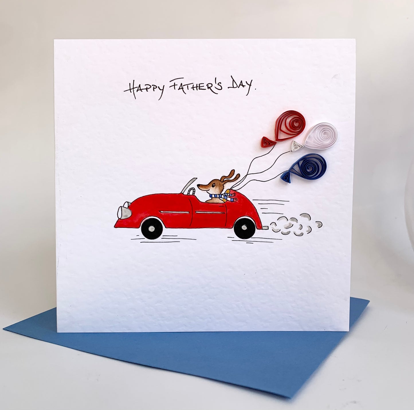 Handmade Funny Father’s Day Card - Hand Painted Dog in Sports Car with Quilled Balloons