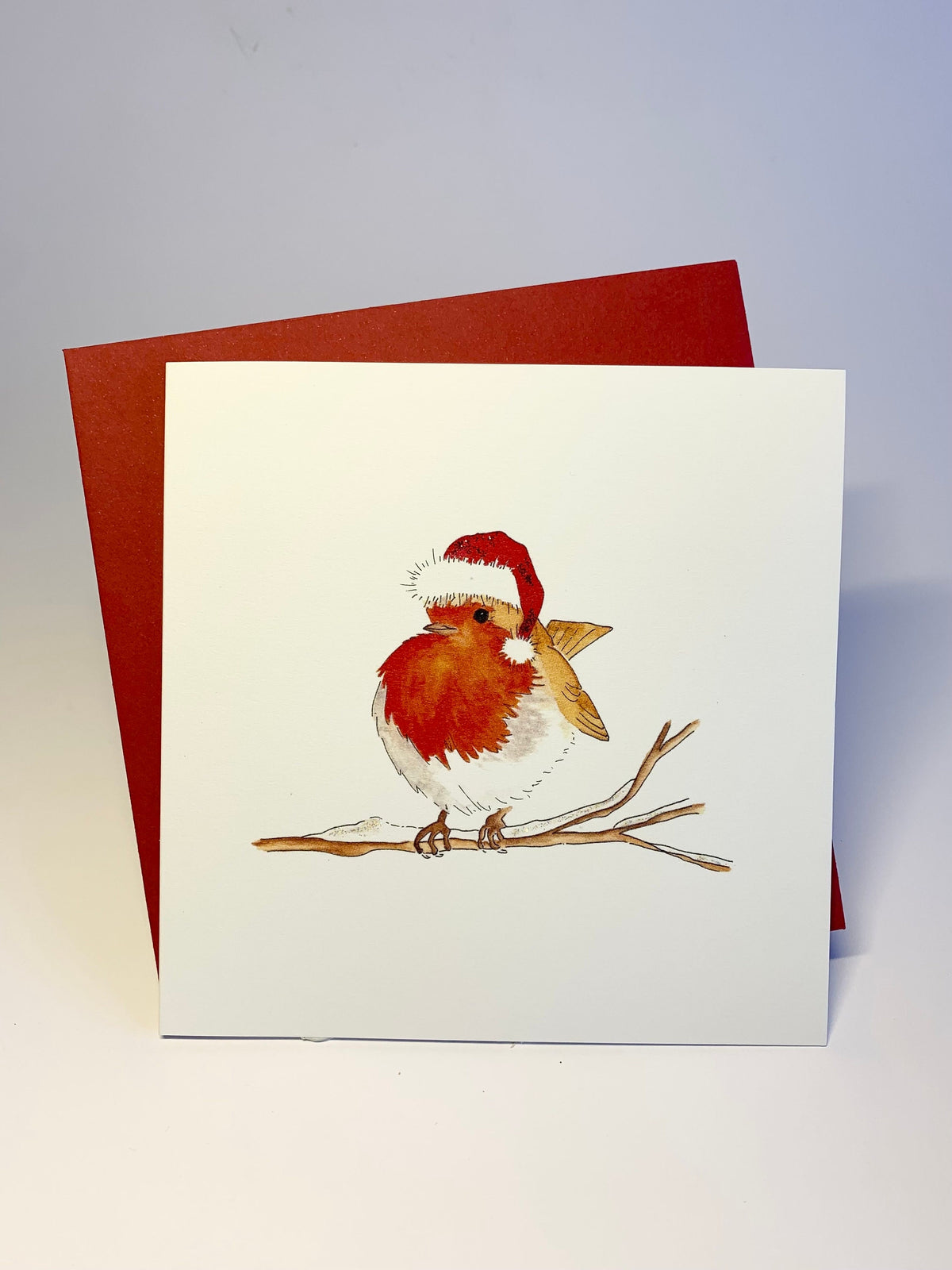 
Square Christmas card showing a red-breasted robin wearing a Santa hat, perched on a bare branch, with a red envelope behind.