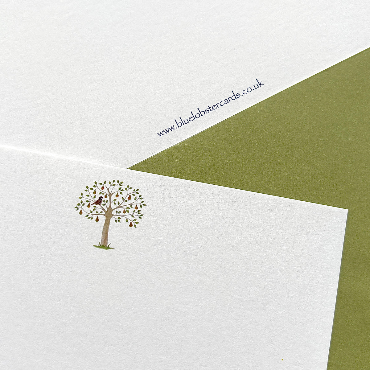 A close-up of 300gsm soft white textured card with a small illustration of a partridge in a pear tree, layered over an olive green envelope. Blue Lobster Cards website address is visible on the reverse of each notecard. Part of a set of 6 or 10 festive notecards