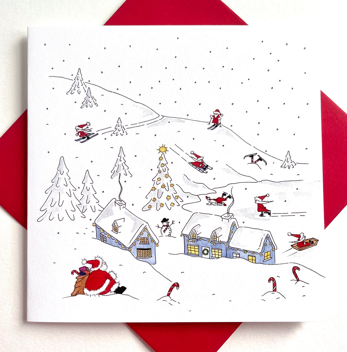 Detail of own original watercolour design with Father Christmas watching Fine quality softly textured cardstock for a luxury finish with coordinating red envelope