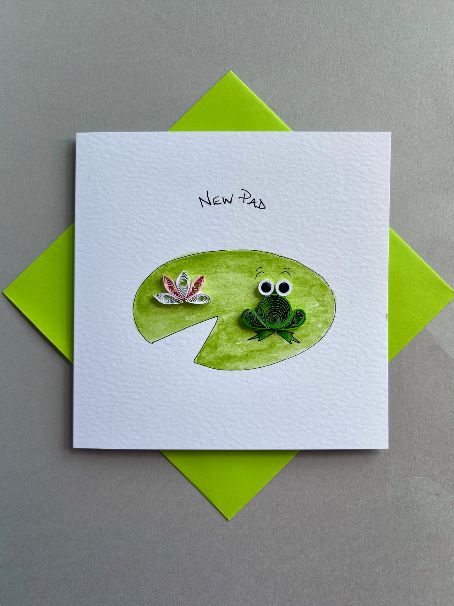 Handmade 3D New Home Card - New Pad - Quilled Frog & Flower on Hand Painted Lily Pad