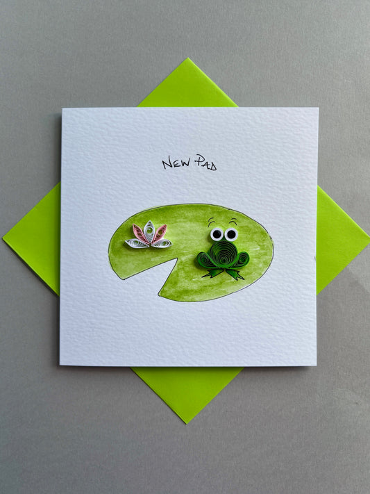 Handmade 3D New Home Card - New Pad - Quilled Frog & Flower on Hand Painted Lily Pad