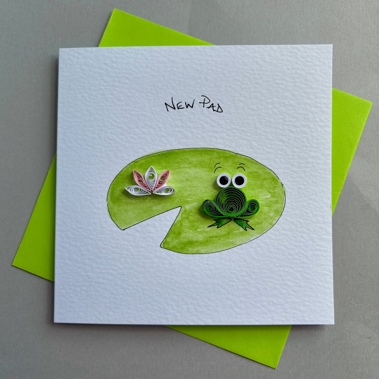 Handmade 3D New Home Card - New Pad - Quilled Frog & Flower on Hand Painted Lily Pad