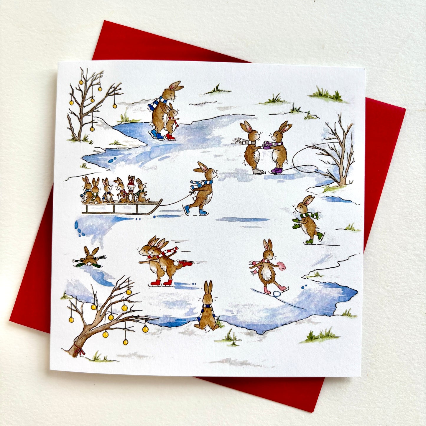 Rabbit Christmas Card - Skating Bunnies Winter Scene - Single Card