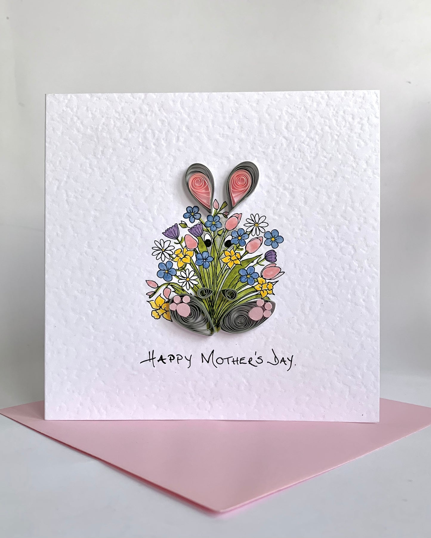 Hand Painted Mother’s Day Card - Peek-a-Boo!- Quilled Bunny with Spring Flower Bouquet