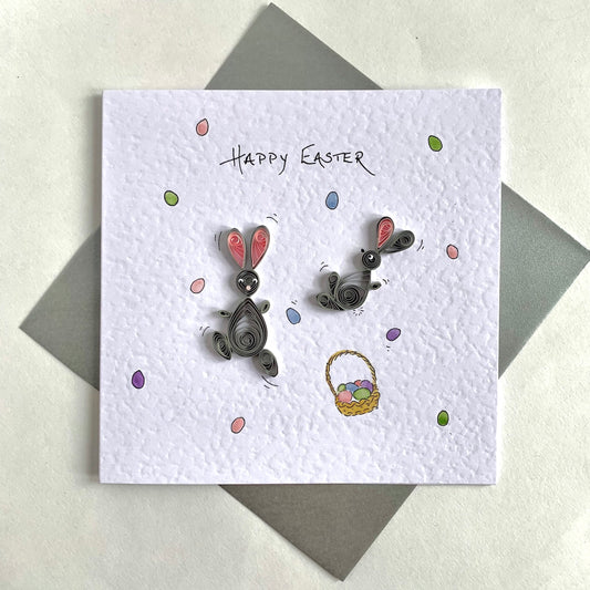 Handmade Quilled Bunny Easter Card - 3D Bunnies and Easter Eggs