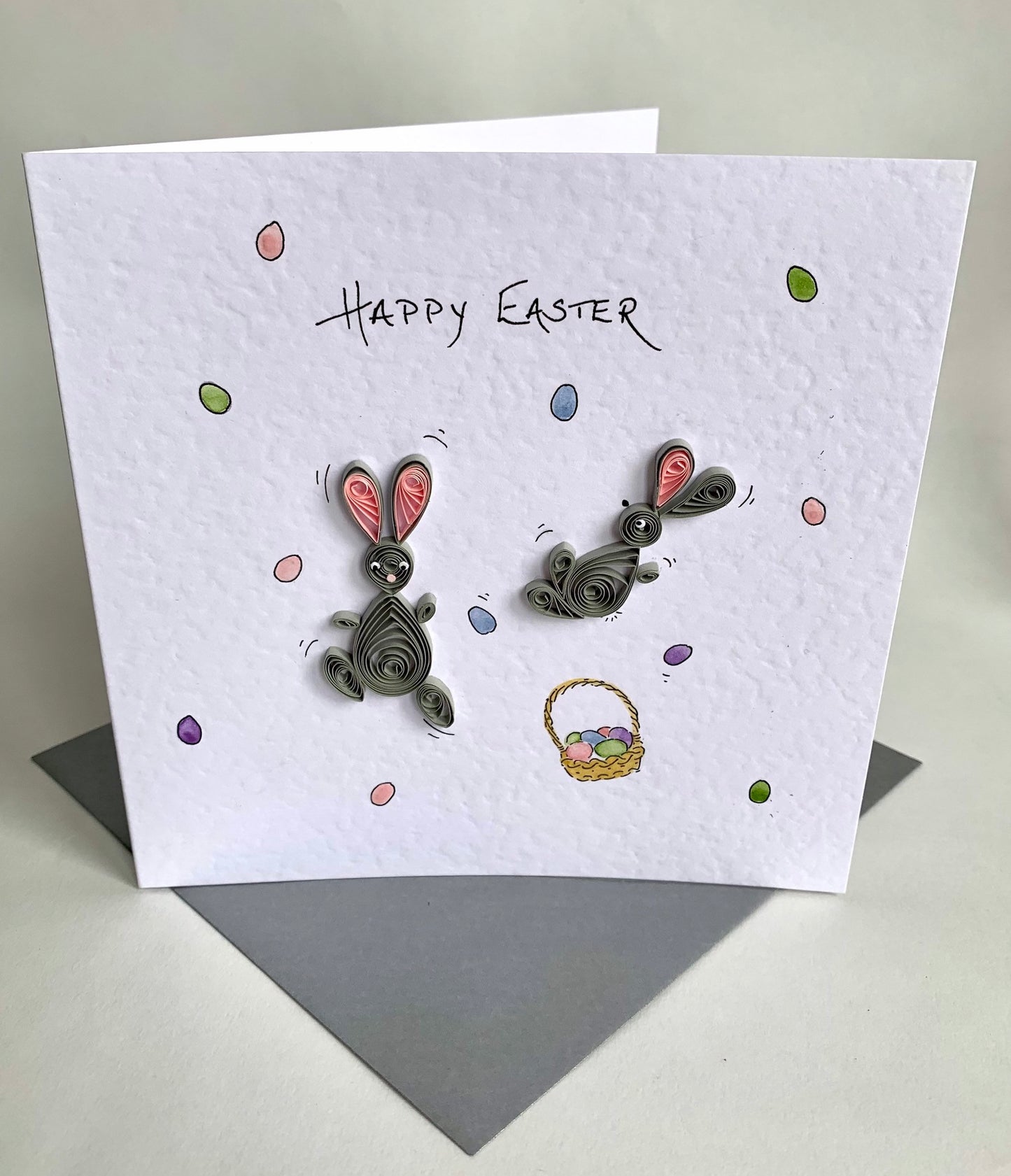 Handmade Quilled Bunny Easter Card - 3D Bunnies and Easter Eggs