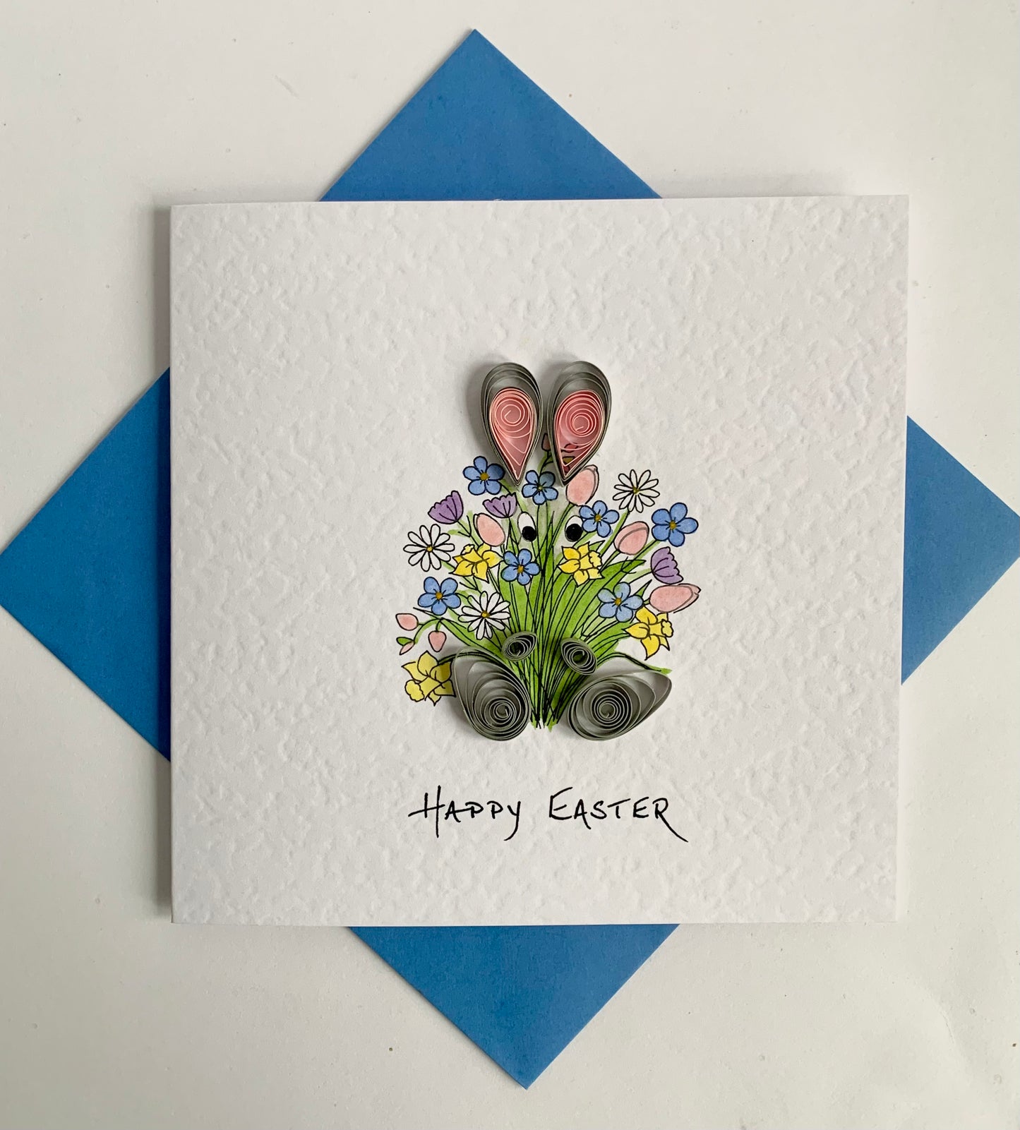 Hand Painted Quilled Easter Card - Peek-a-Boo!- Quilled Bunny with Spring Flower Bouquet