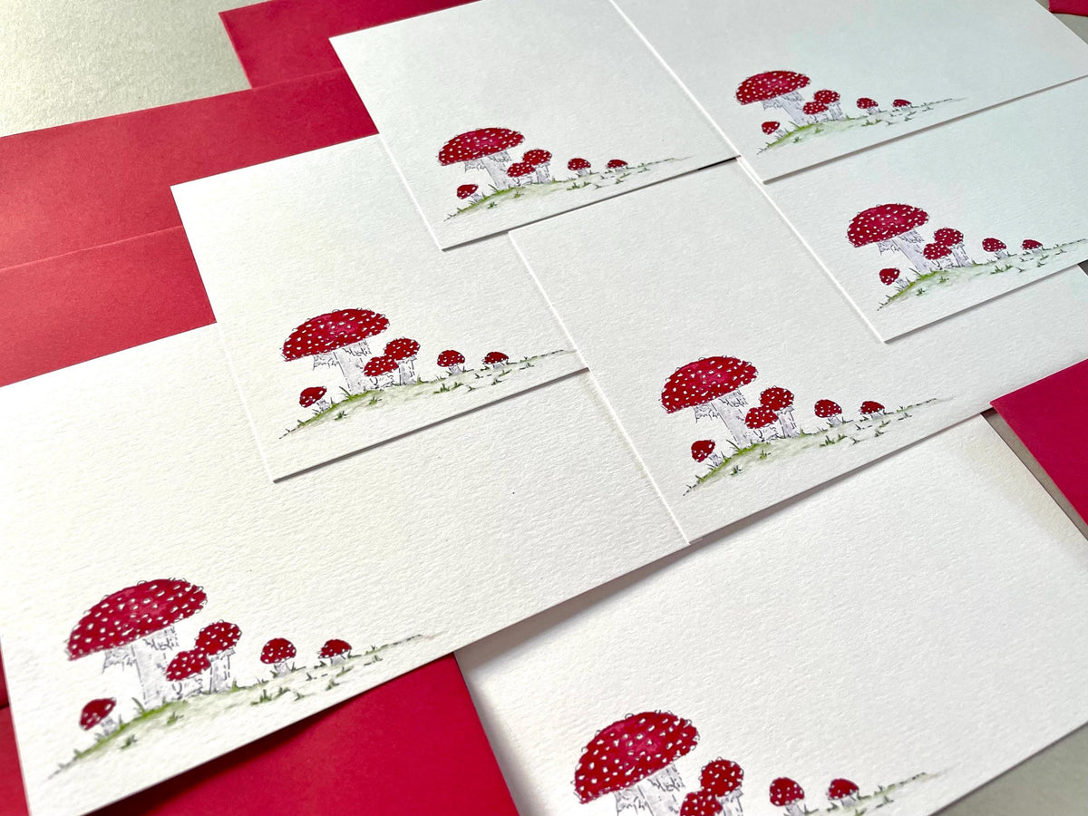 Showing a series of autumn toadstool notecards with matching red envelopes - Stationery set with 6 or 10 notecards with envelopes to choose