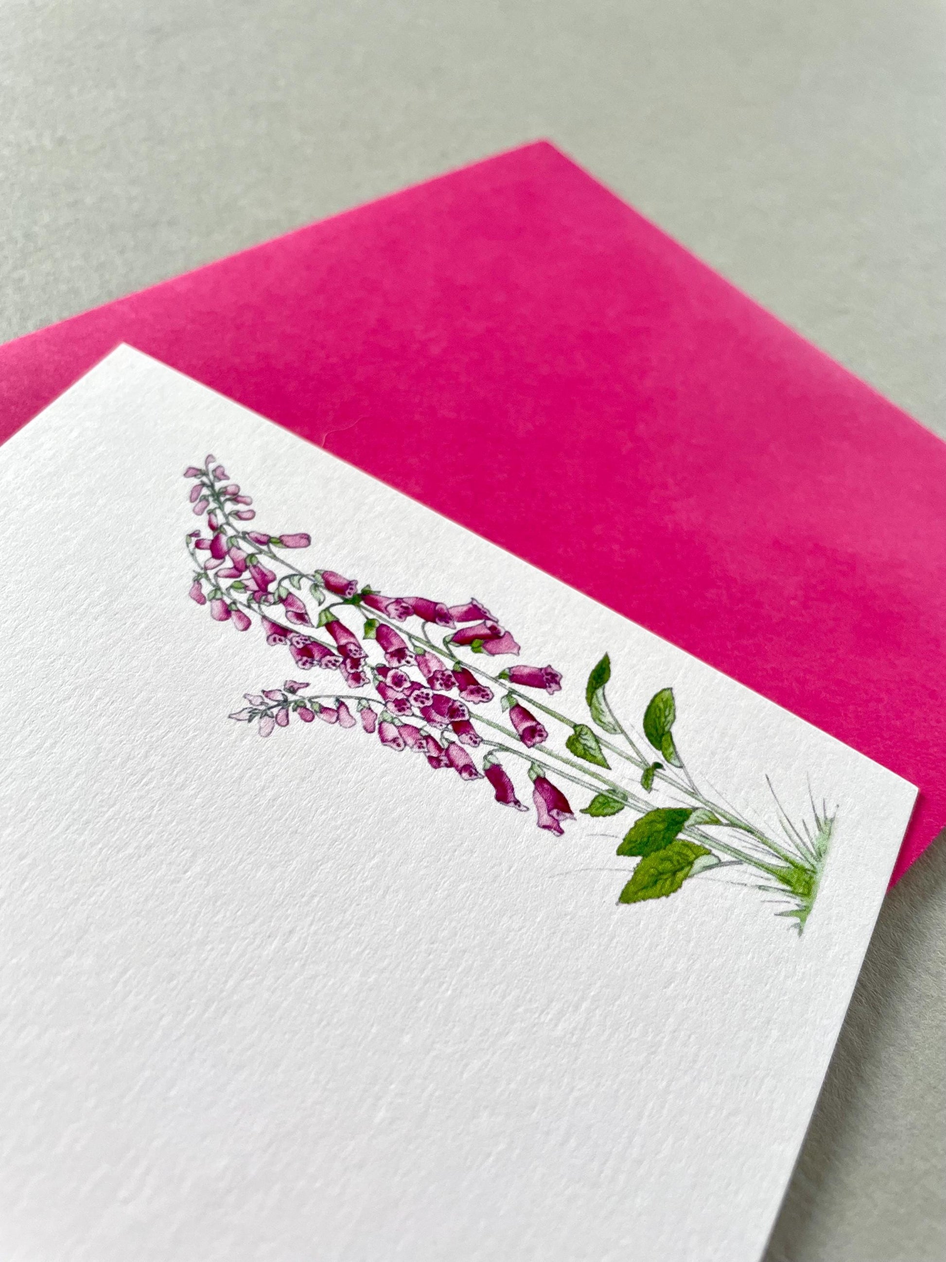 To show foxglove watercolour printed onto fine quality matt cardstock - with pink envelope 