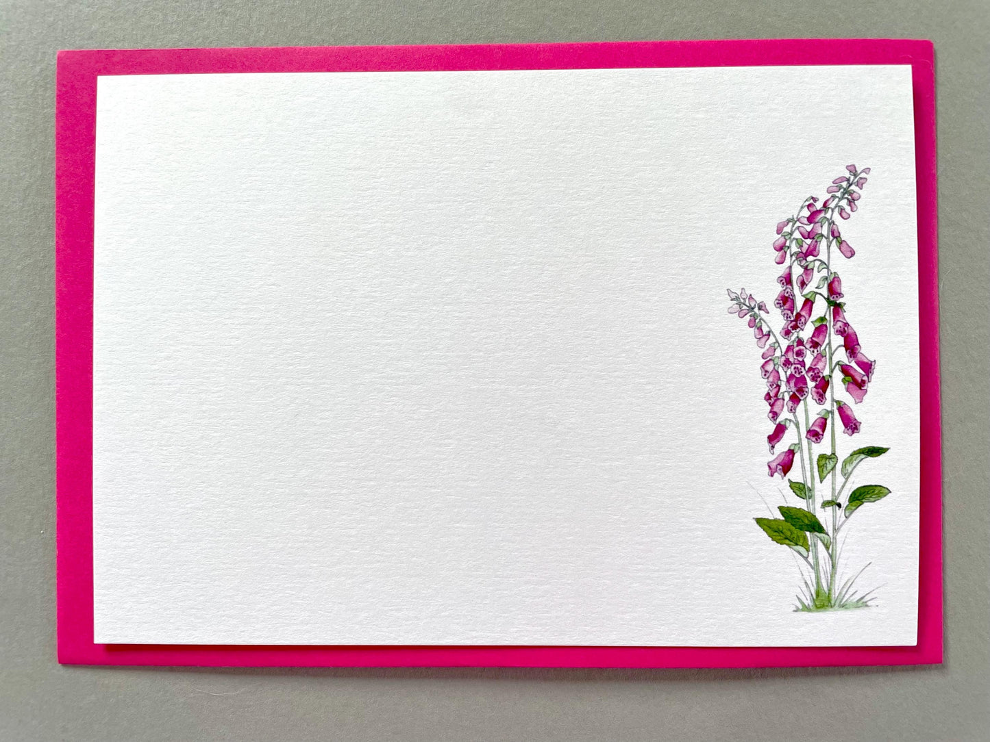 Single A6 foxglove card with coloured envelope - part of a set of elegant foxglove stationery. 
