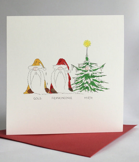 Square christmas design featuring three silly gonks dressed up as the three wise men - original watercolour artwork illustration. 