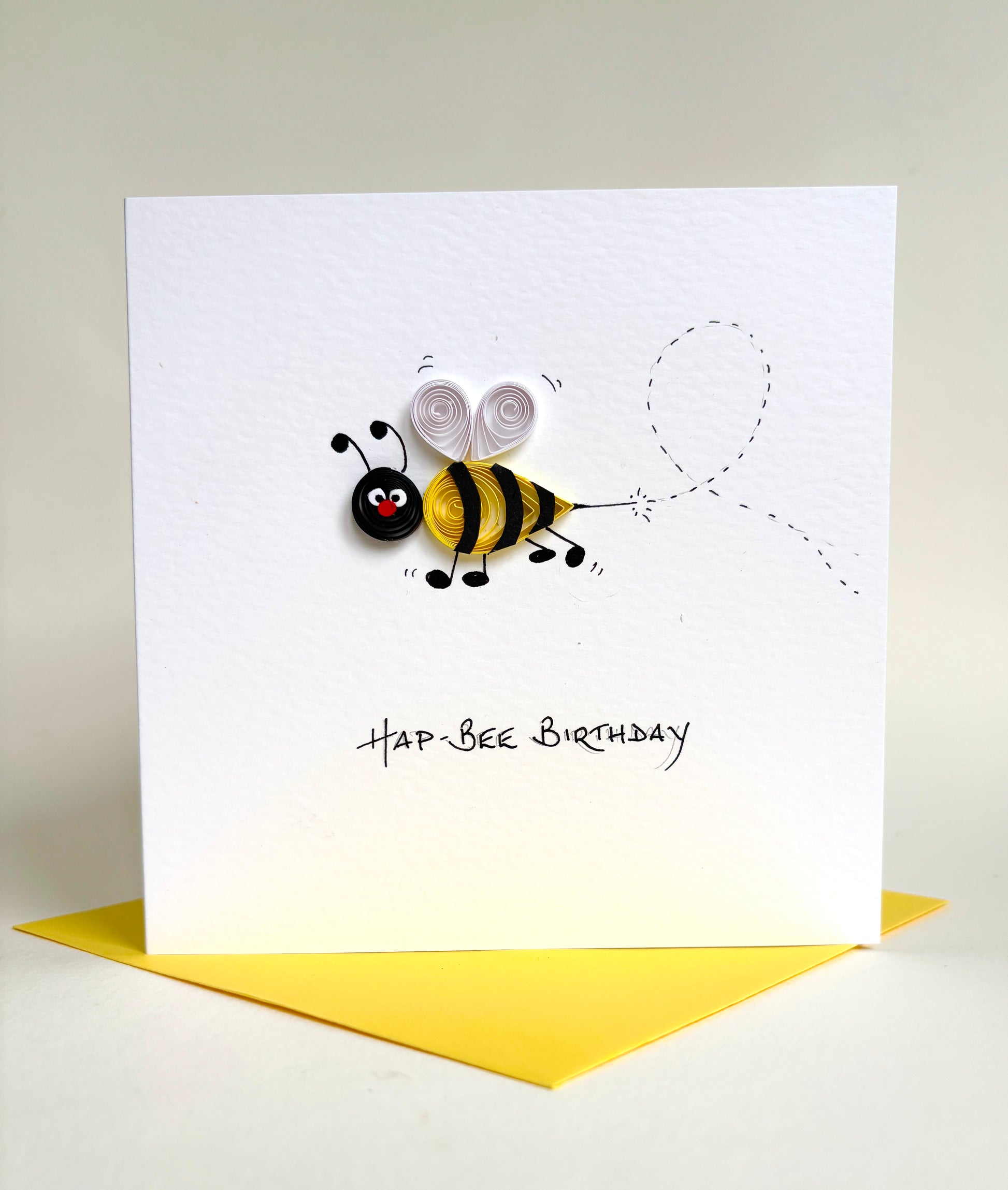 Cute bumble bee birthday card with coloured envelope - standing view