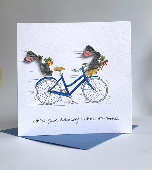 Handmade 3D bunny birthday card featuring two racing quilled paper rabbits on a bicycle with a large carrot and a second present, written 'Hope your birthday is full of thrills!' and supplied with a blue envelope.