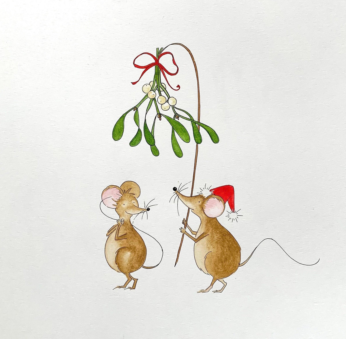 Close-up of Christmas mouse illustration - original watercolour from Blue Lobster Cards. Printed on fine quality 300gsm FSC cardstock