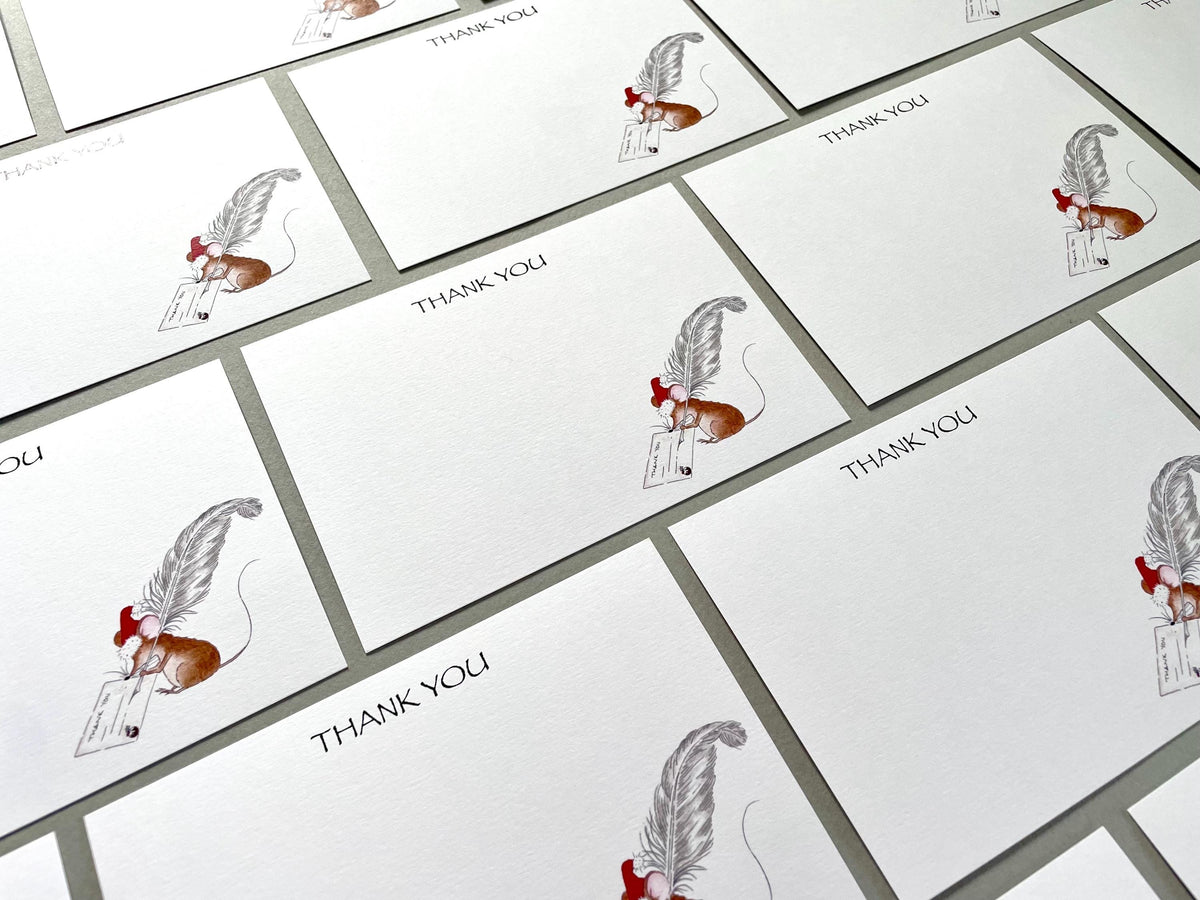 Christmas mouse and feather cards - A6 postcards available in packs of 6 or 10 cards with red envelopes