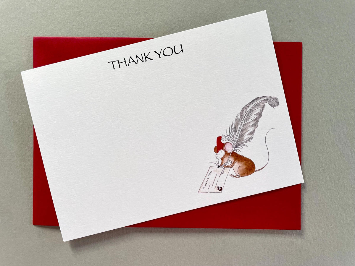 Single Christmas mouse card with an illustration of a mouse wearing a Christmas hat and writing with a feather quill, accompanied by a red envelope.