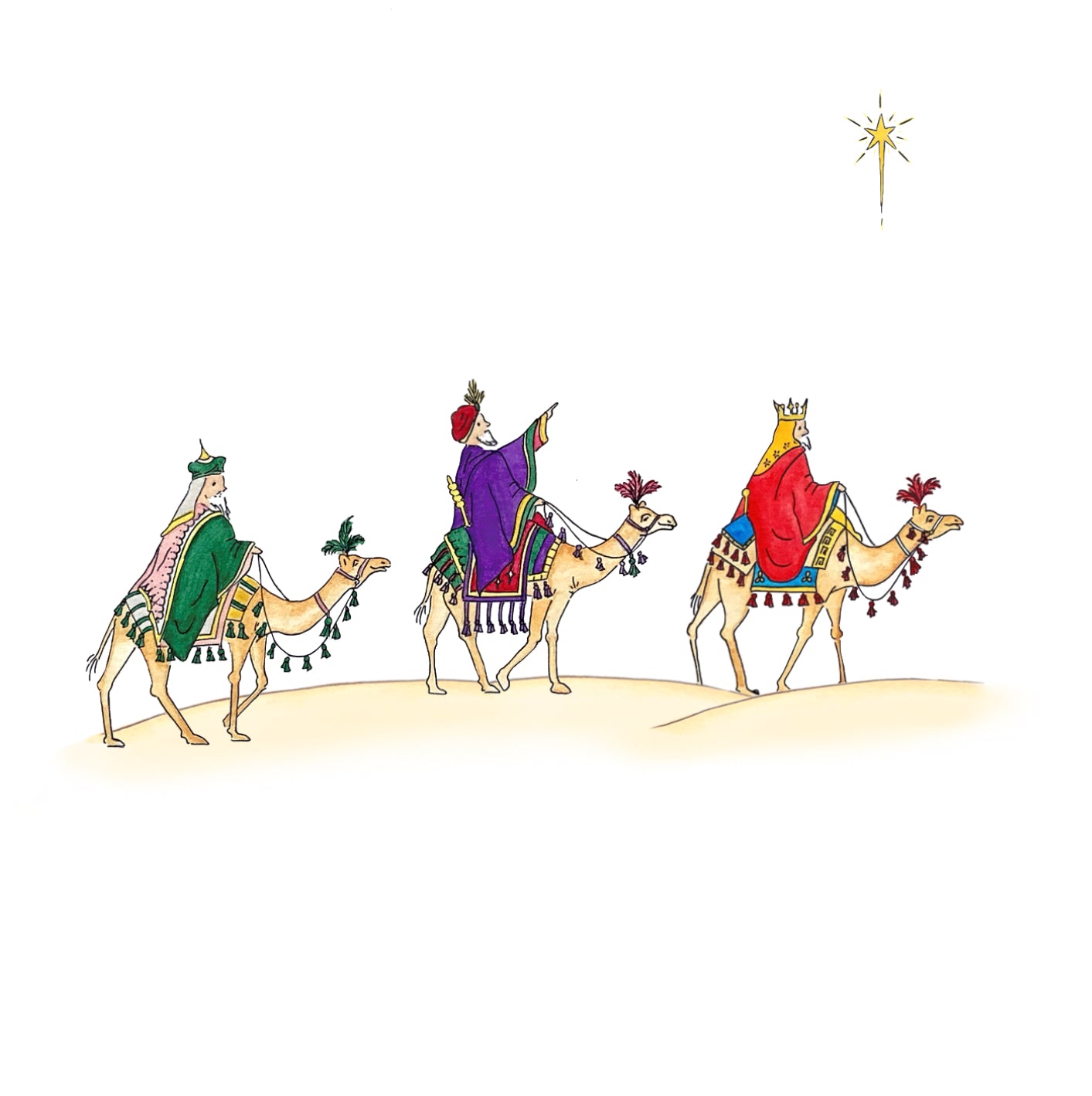 TRaditional christmas card design featuring characters from the Christmas Story - three wise men on camels with a star in the sky