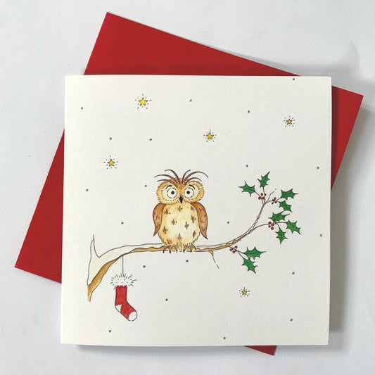 Original watercolour illustration of a cute owl with its Christmas stocking on a starry Christmas Eve. Red envelope supplied