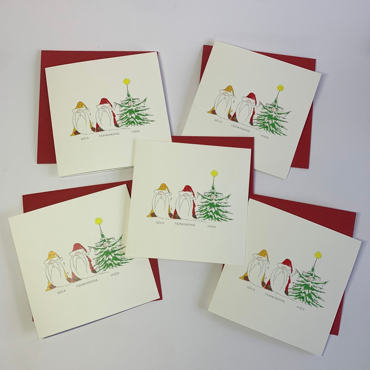 Hand-finished with or without glitter, fun charity christmas card featuring 3 silly gonks dressed as the three wise men - Gold Frankincense and Mirth