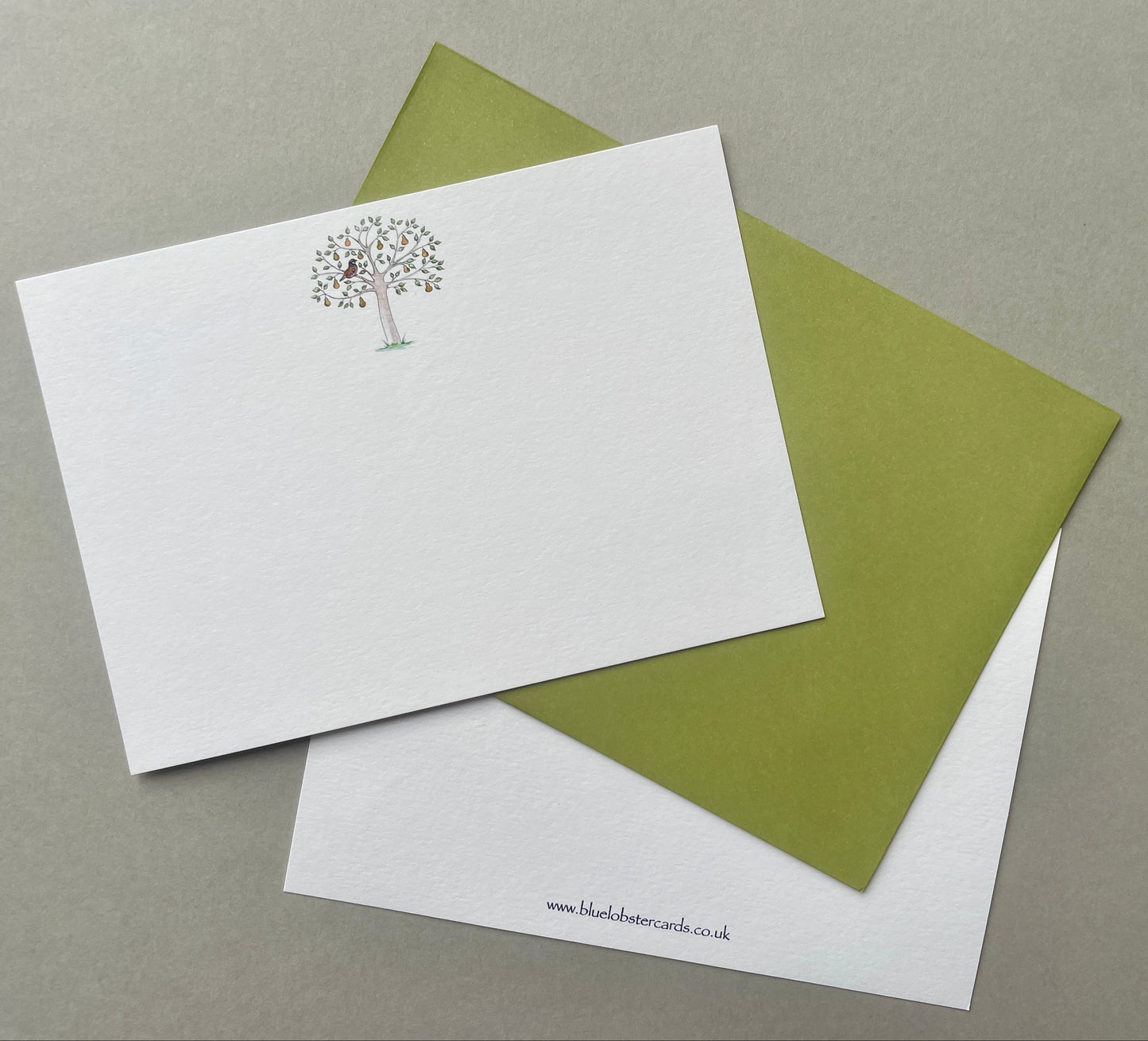 Pack of 6 or 10 Partridge in a Pear Tree Christmas notecards with coloured envelopes, presented in a recyclable Blue Lobster Cards belly band.