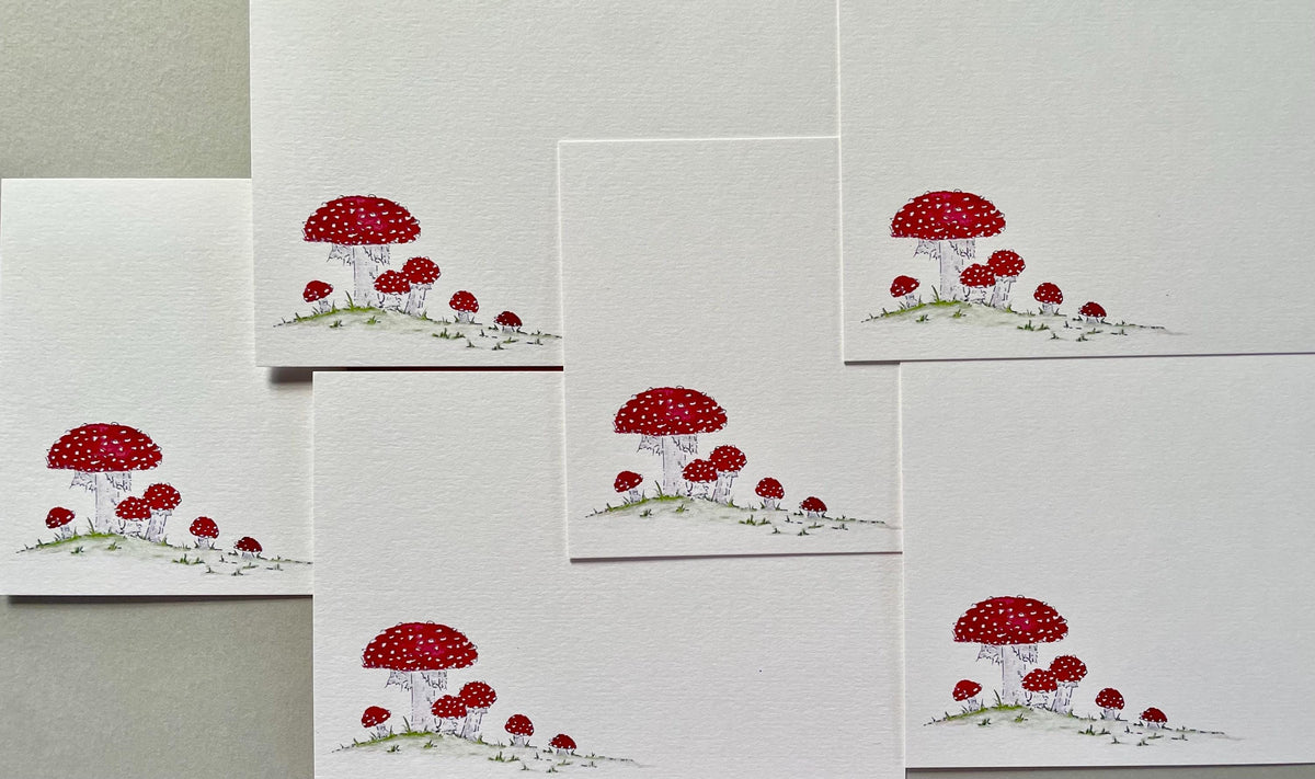 Autumn notecard stationery featuring striking red and white spotted toadstools usiing original watercolour artwork and printed onto 300gsm matt textured cardstock. Packs of 6 or 10 A6 postcards supplied with red envelopes and packaged in attractive Blue Lobster Cards belly band