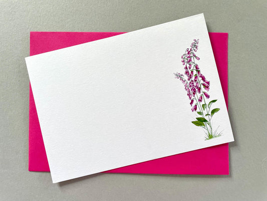 Elegant foxglove stationery set - A6 size postcards with matching pink envelopes from own watercolour illustration. 