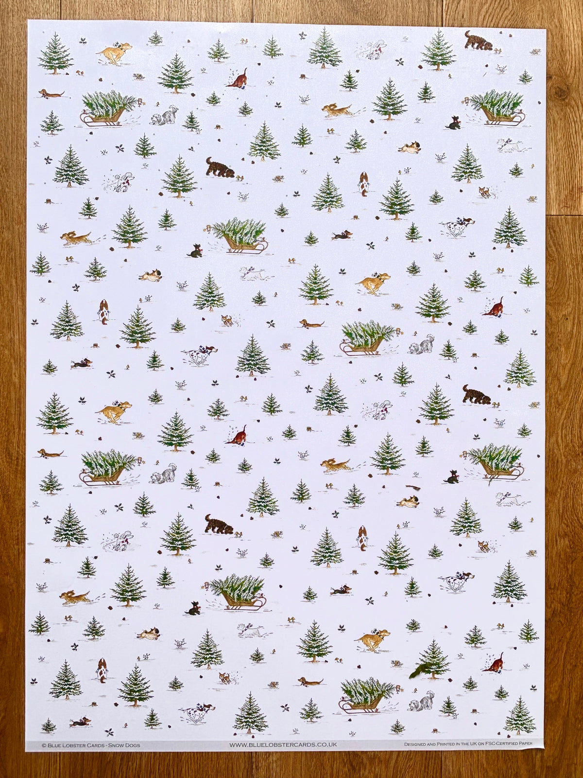 Full sheet of 90gsm Christmas wrapping paper with an all-over winter woodland illustration of funny dog breeds - Westie, Labrador, dachshund , poodle, cockapoo, chihuahua, collie, pointer, pug, - amongst evergreen fir trees, sledges. 