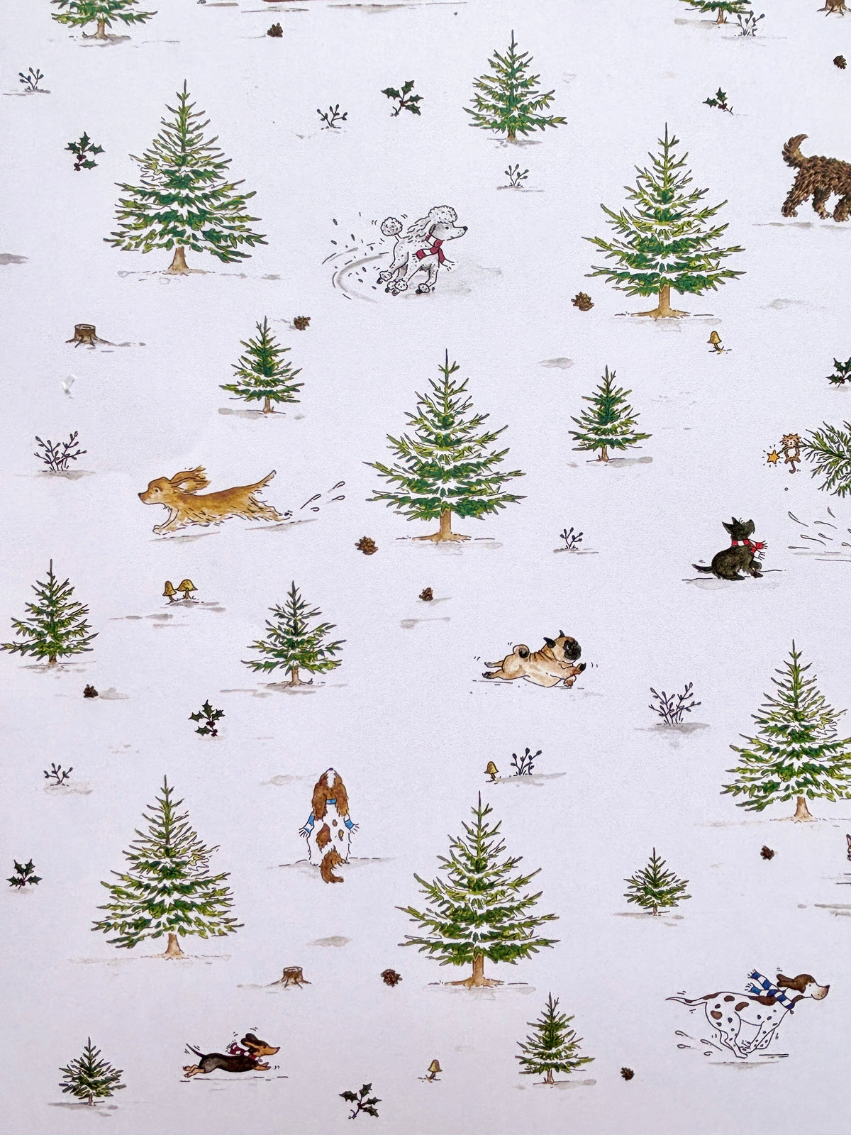 A repeating pattern of illustrated dogs - dachshund, spaniel, poodle, pug, cockapoo and pointer in this section - and snowy Christmas trees with a white background. 