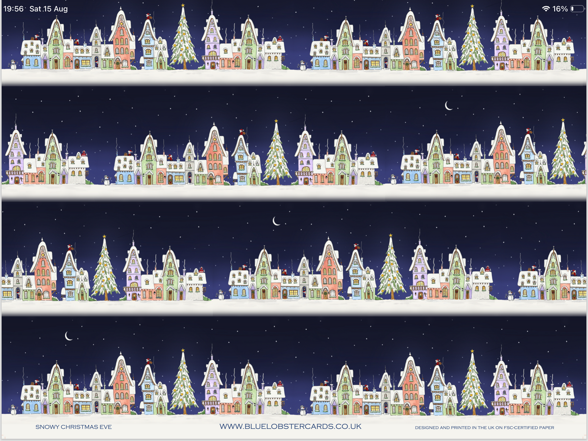 Half sheet of Christmas wrapping paper showing a repeating illustrated row of snow-covered houses and Christmas trees under a dark blue night sky with stars and crescent moons. Text at the bottom reads 'SNOWY CHRISTMAS EVE' and includes the website BLUELOBSTERCARDS.