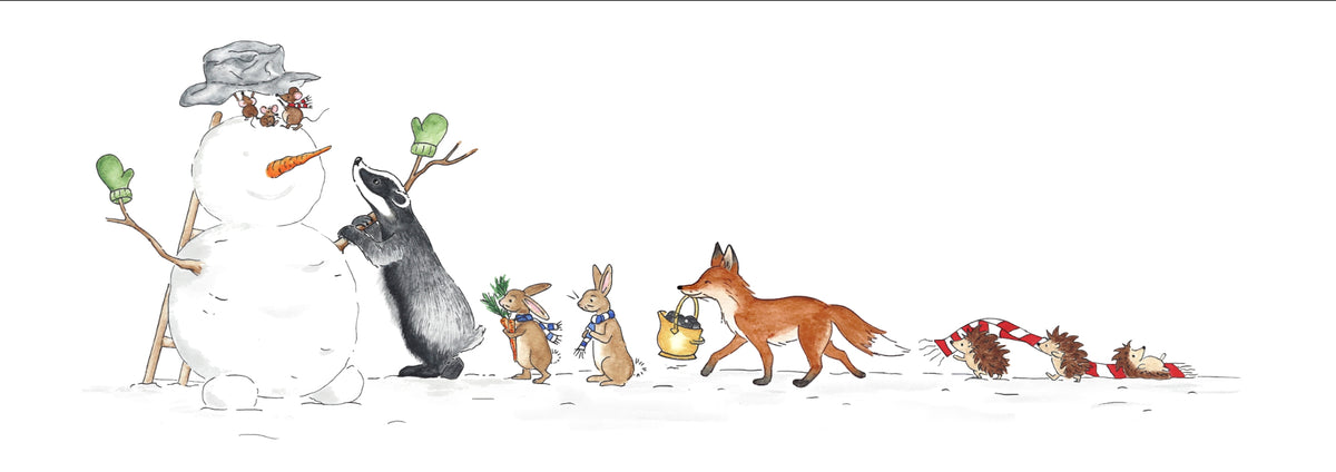 Snowman watercolour illustration with a badger, two rabbits bringin carrots, a fox carrying a bucket of coal and hedgehogs trailing a striped scarf - all items with which to finish building their snowman 