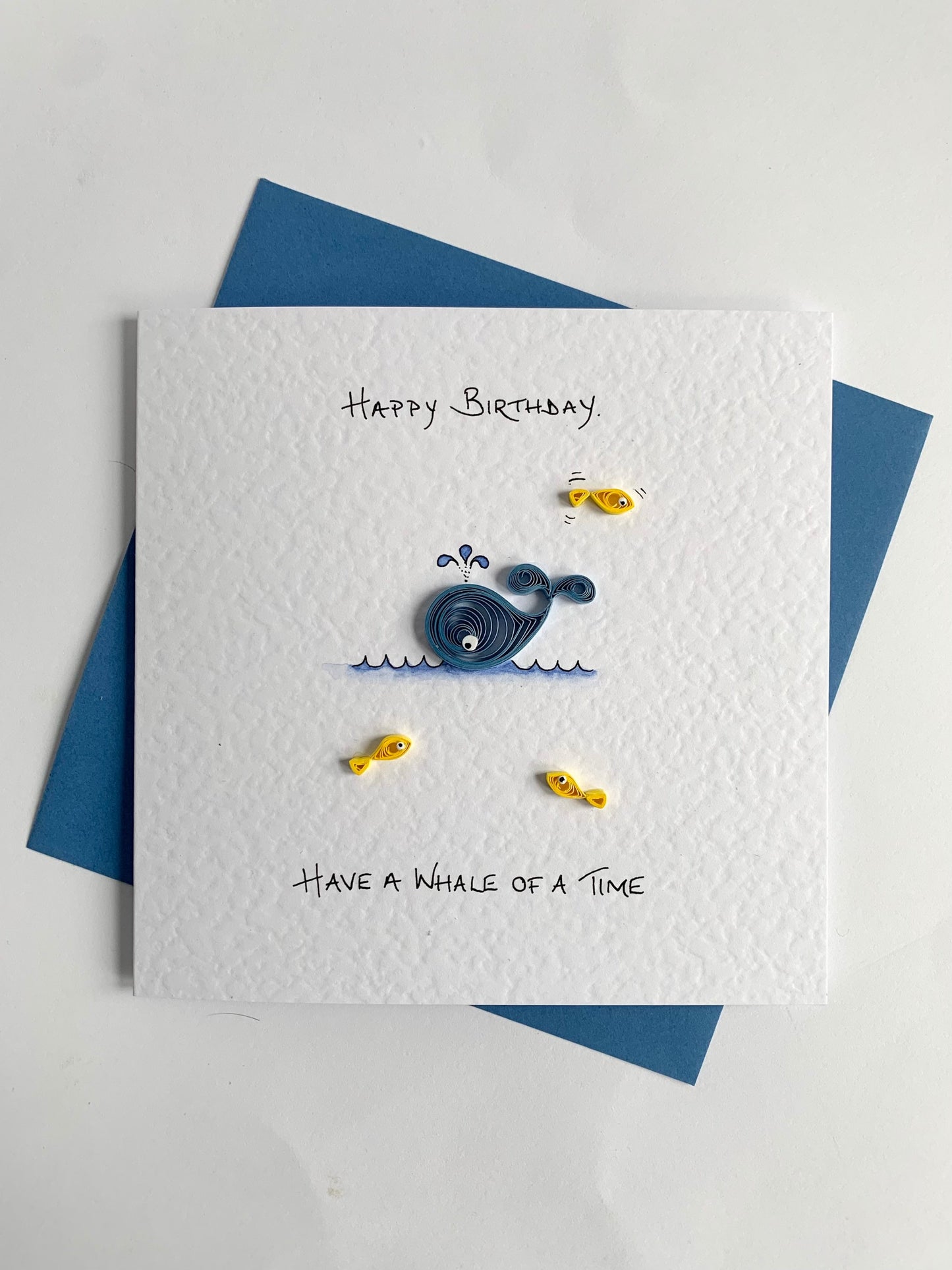 Handmade whale birthday card with quilled blue whale and fish - hand painted
