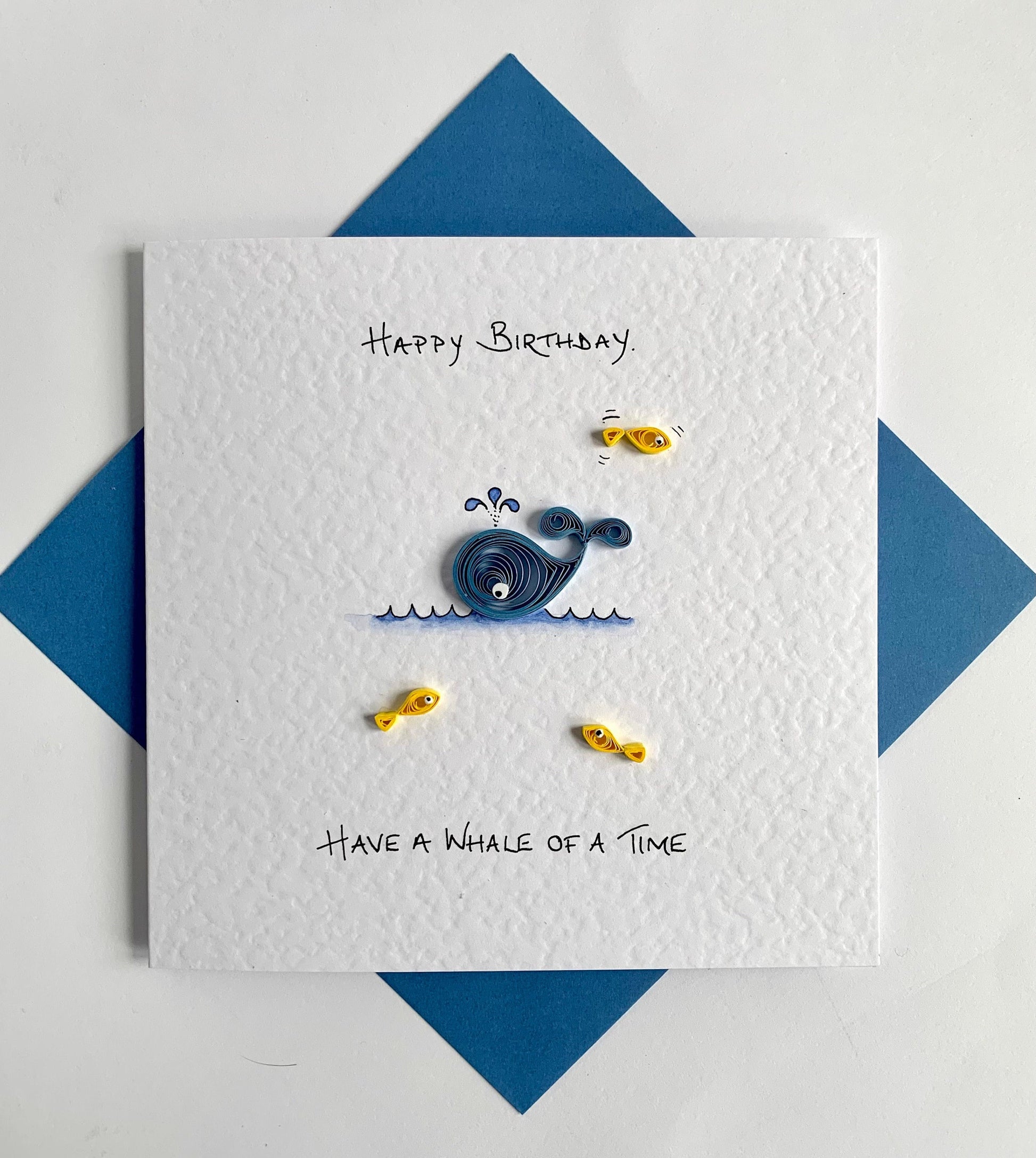 Handmade whale birthday card with hand painted blue whale and quilled ocean details