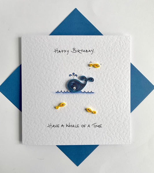 Handmade whale birthday card with hand painted blue whale and quilled ocean details
