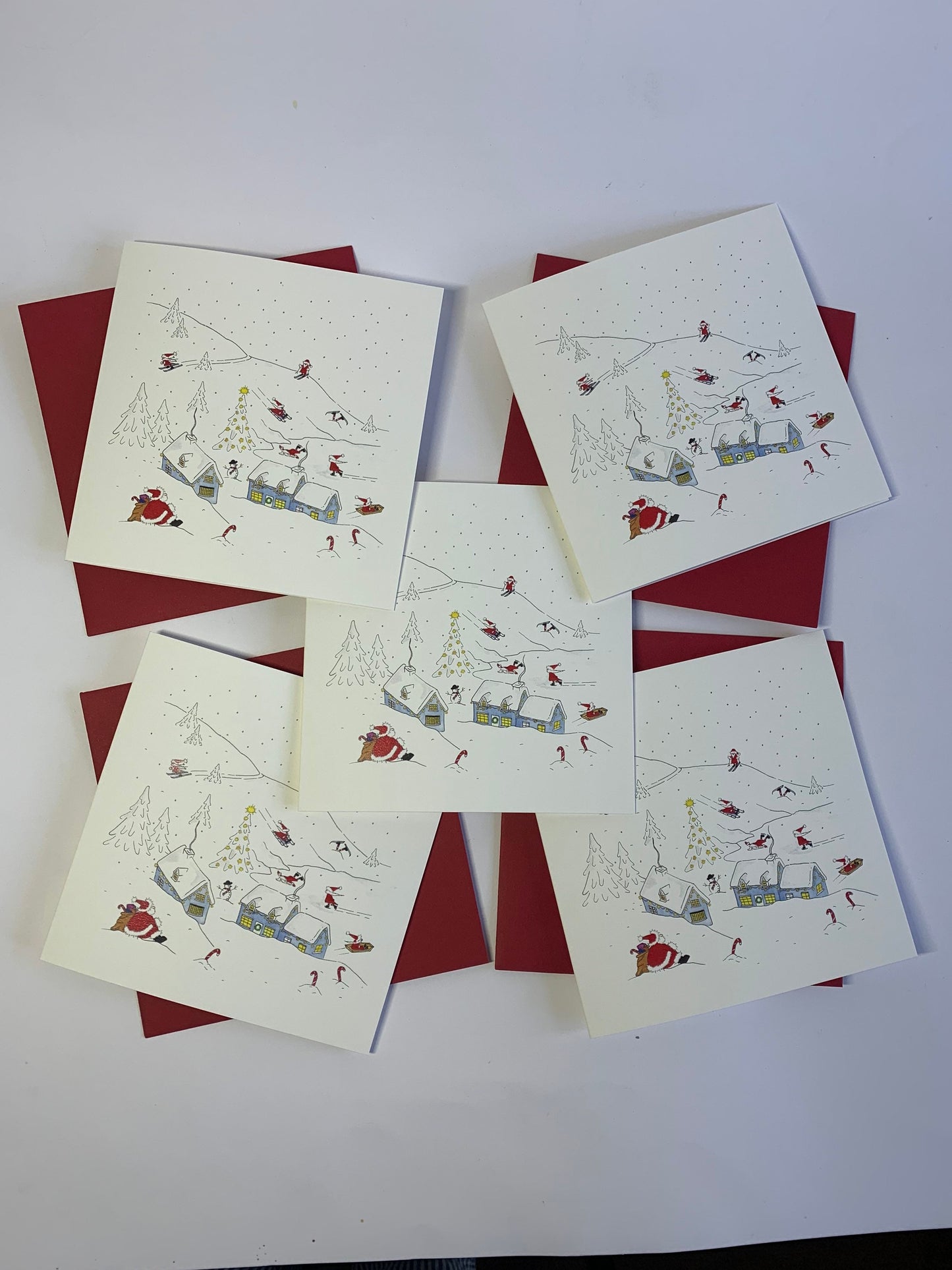 Pack of 5 Fun Charity Christmas Cards - Father Christmas / Santa & Elves - Winter Snow Skiing Holiday Cards - Watercolour - Glitter Option