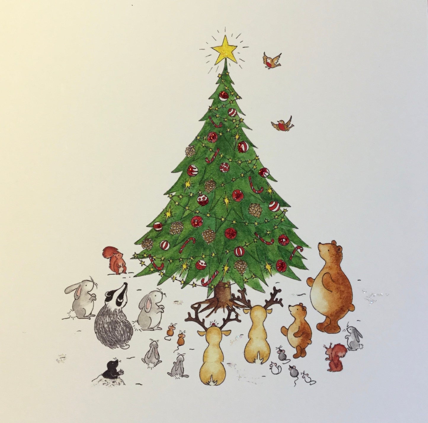 Single Traditional Charity Christmas Card - Animals Around Christmas Tree Decorated with Baubles - Children’s Christmas December Birthday