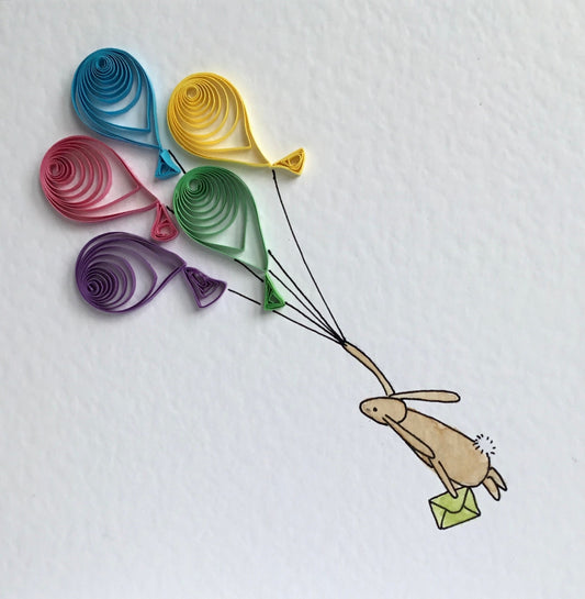 Hand Painted Bunny with Quilled Balloons