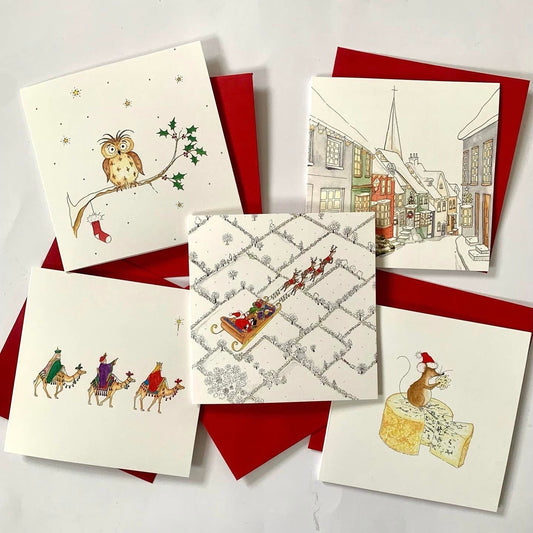 Pack of 5 Mixed Charity Christmas Cards (B) - Original Watercolour Illustrations - Traditional Designs - Hand Finished - Glitter Option