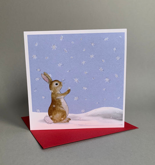 Special Single Christmas Rabbit Christmas Card  - Snow Bunny Catching Snowflakes - Glitter - Granddaughter / Goddaughter / Niece / Daughter