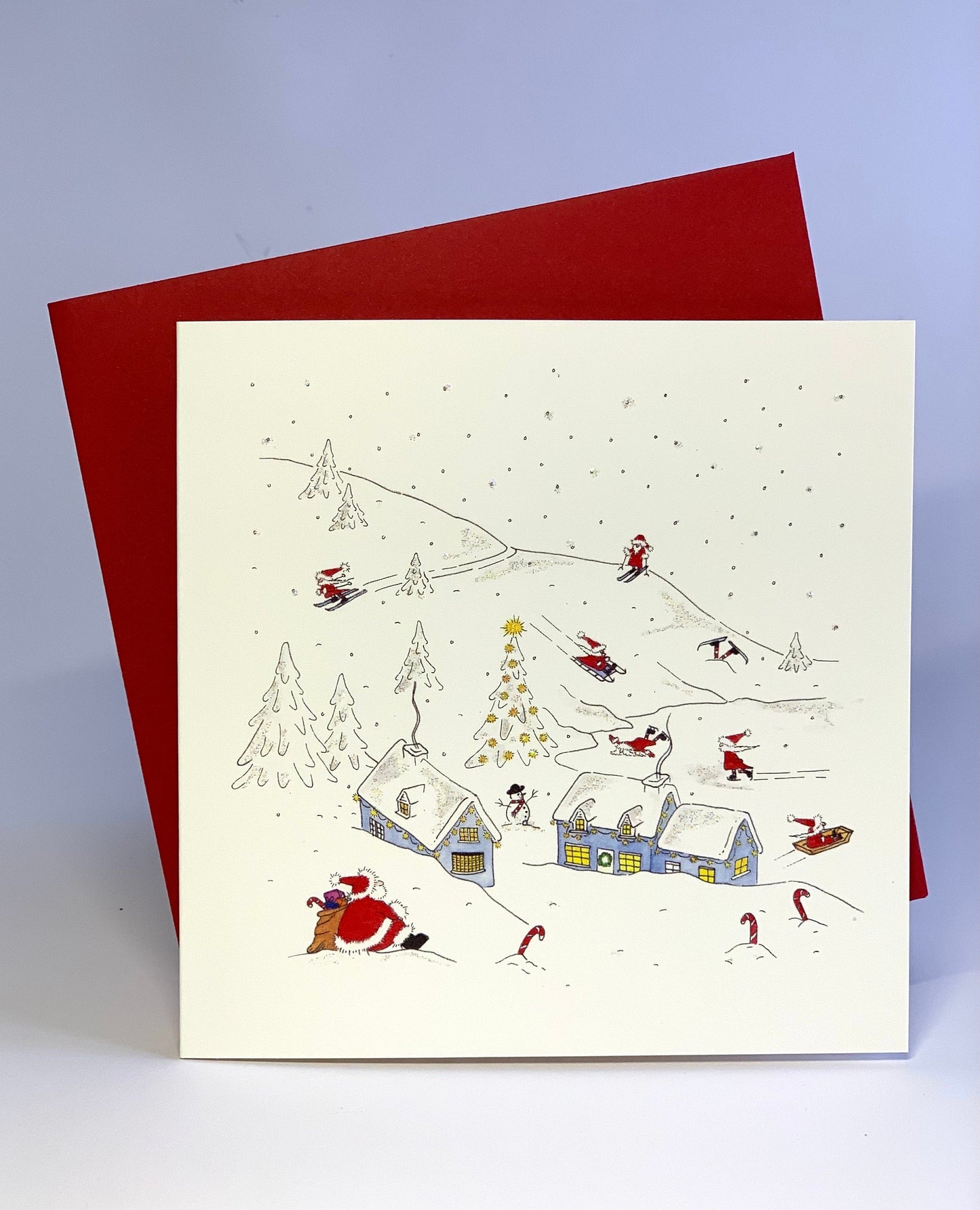Pack of 5 Fun Charity Christmas Cards - Father Christmas / Santa & Elves - Winter Snow Skiing Holiday Cards - Watercolour - Glitter Option