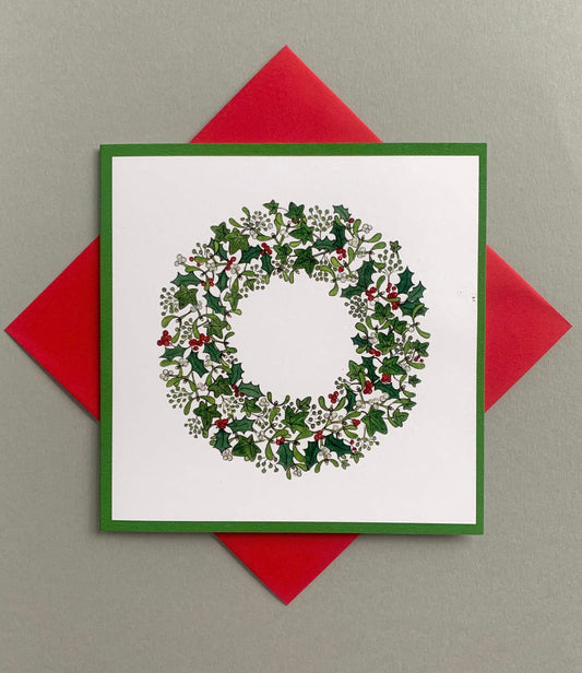 Traditional Christmas Wreath Card - Holly Ivy Mistletoe - White Background