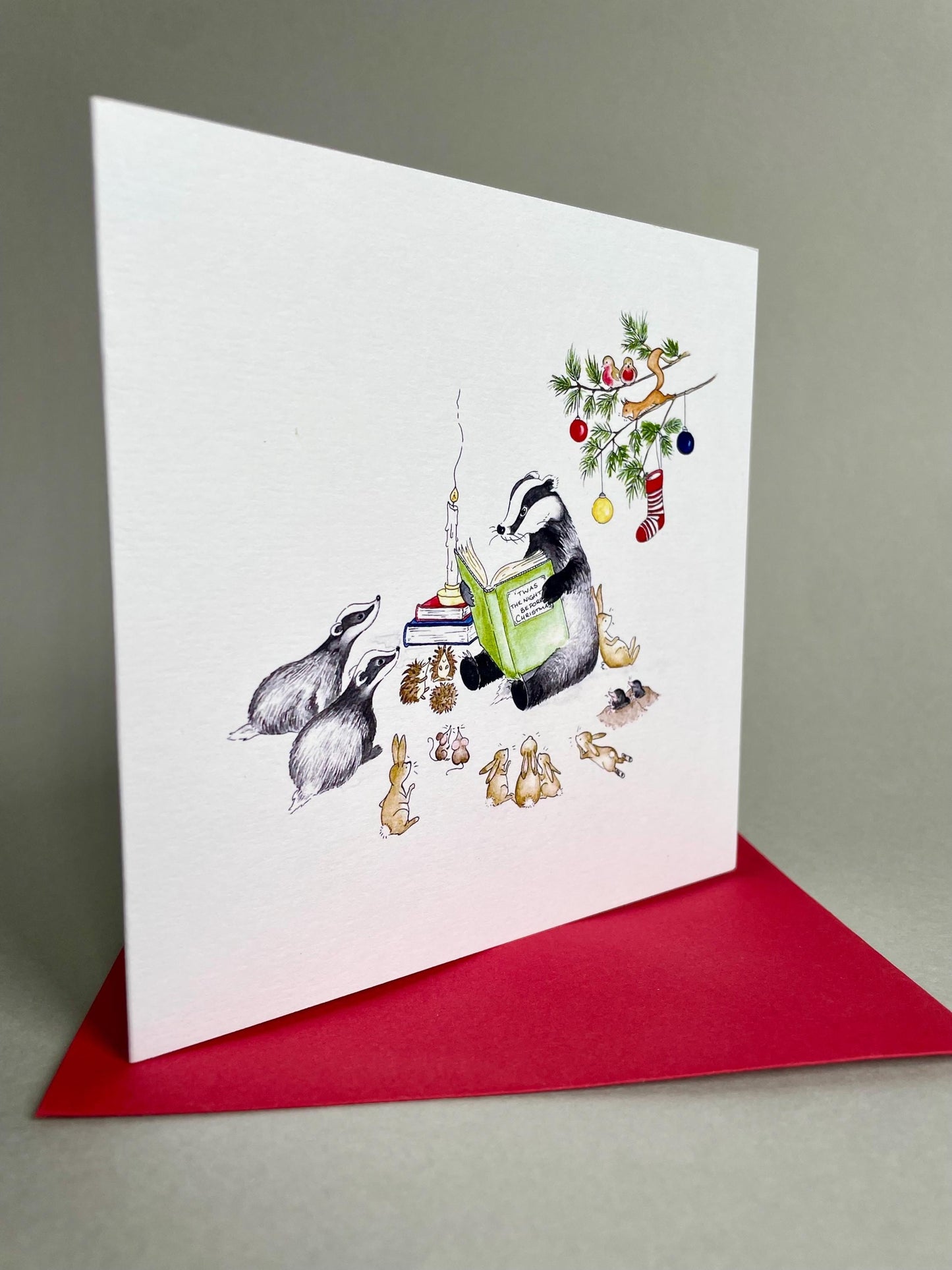 Special Single Woodland Animals Charity Christmas Card - Badger Christmas Story - Traditional Watercolour Rabbit Hedgehog Squirrel - Glitter