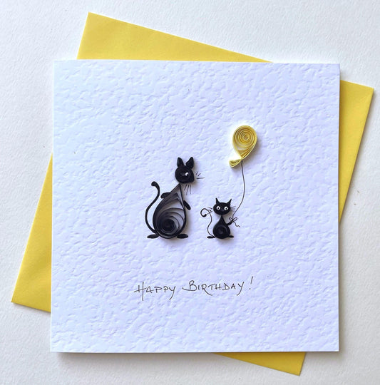 Handmade Quilled Birthday Card - Two Black Cats with Quilled Balloon - 3D Kitten & Cat Birthday Card - Daughter Granddaughter Sister Child