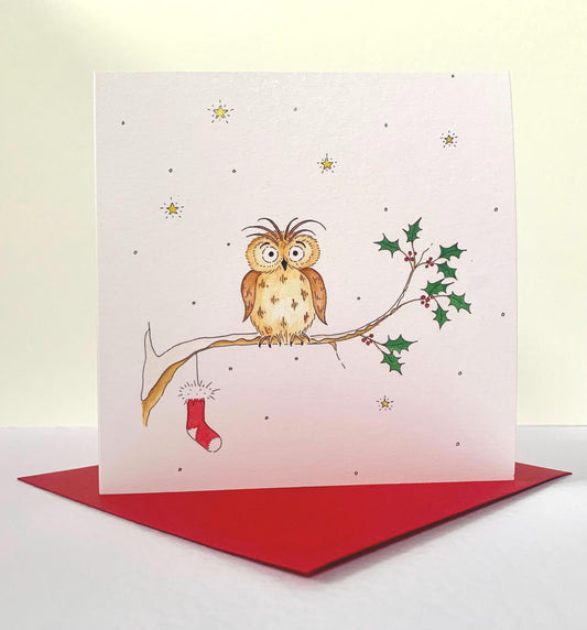 Single Owl Charity Christmas Card - Starry Winter Night - Traditional Hand Painted Watercolour Illustration - Hand-Finished