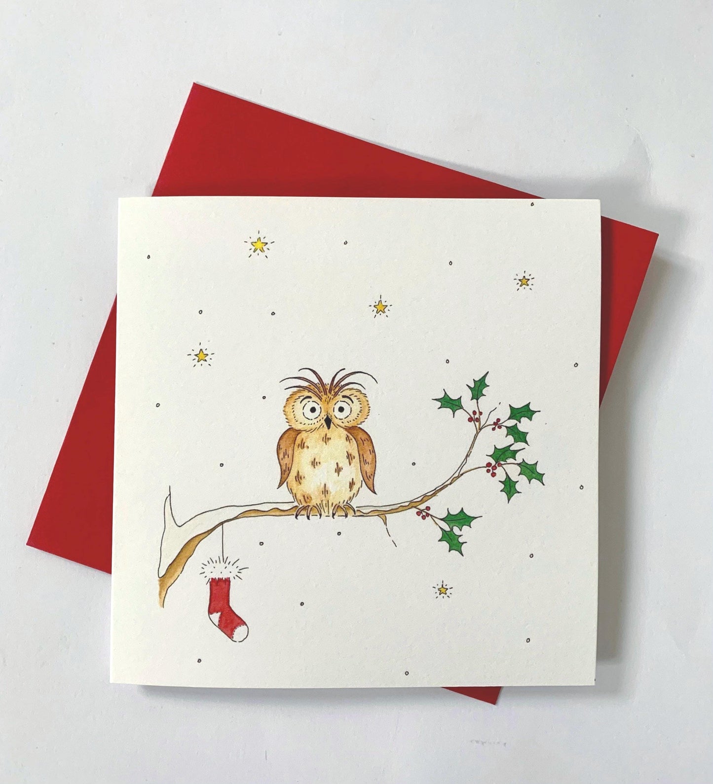 Single Owl Charity Christmas Card - Starry Winter Night - Traditional Hand Painted Watercolour Illustration - Hand-Finished