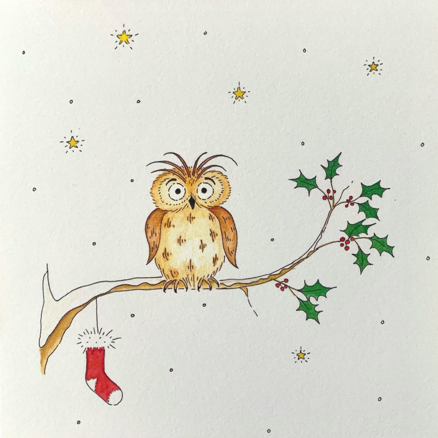 Single Owl Charity Christmas Card - Starry Winter Night - Traditional Hand Painted Watercolour Illustration - Hand-Finished